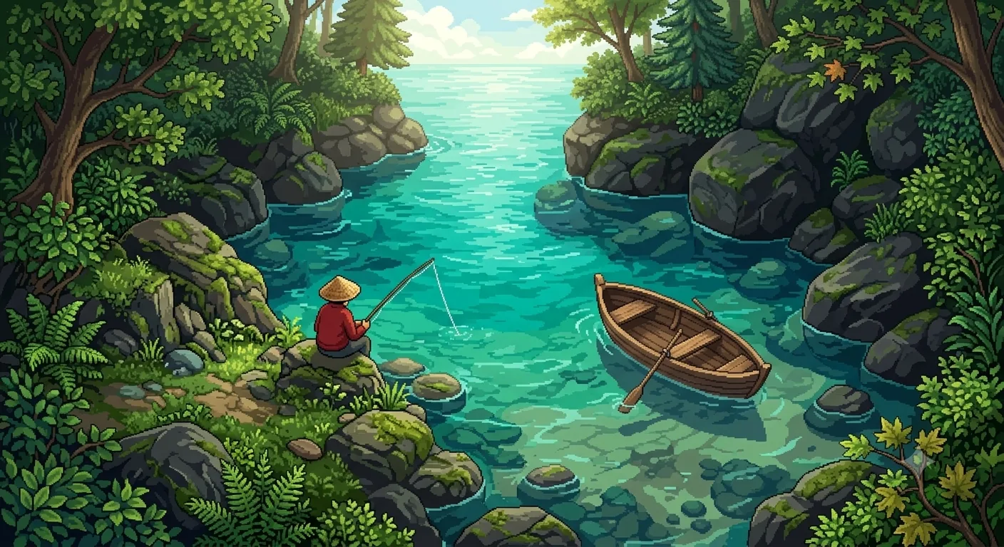 Pixel-art illustration: a high-angle view of a tranquil river cove, a lone fisherman in a red shirt and straw hat on a mossy shoreline, with an empty wooden rowboat drifting on clear turquoise water.